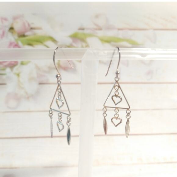 14k rose gold Sterling Silver 925 Dangle Drop Earrings Hearts Love Triangle Hook - Picture 3 of 8